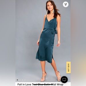 Fall in Love Teal Blue Satin Midi Wrap Dress BNWT